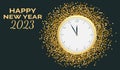 Happy new year 2023. Christmas golden clock. Five minutes to twelve o`clock. Triangle sparkles and glitters background. EPS 10