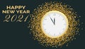 Happy new year 2021. Christmas golden clock. Five minutes to twelve o`clock. Triangle sparkles and glitters background. EPS 10