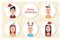 Happy New Year and Christmas greeting. Guys and girls in festive headdresses in flat design style