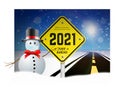 Happy New Year 2021 and Christmas greetings with road signs on the background of the road going into the distance. Planning
