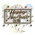 Happy New Year 2018. Christmas. Hand calligraphy typography and Fireworks. Royalty Free Stock Photo