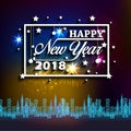 Happy New Year 2018. Christmas. Hand calligraphy typography and Fireworks. Royalty Free Stock Photo