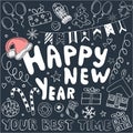 Happy New Year and Christmas hand drawn vector doodle set collection. The inscription Happy New Year and your best time. Cute hand