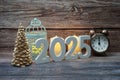 Happy New Year 2025 and Christmas Holiday Decoration on wooden background