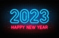 Happy New Year 2023. New Year and Christmas neon signboard with glowing text and numbers. Neon light effect for background, web