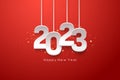 Happy New Year 2023. Christmas red vector illustration of white papper numbers 2023 and sparkling golden glitters