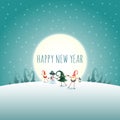 Happy New Year - Christmas scandinavian gnomes and snowman on moonlight winter background