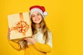 happy new year. christmas shopping online. time for discount. smiling kid hold purchase. presents and gifts from santa Royalty Free Stock Photo