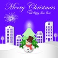 Happy new year and Christmas Snowman and City landscape. Royalty Free Stock Photo