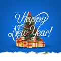 Happy New Year christmas tree and gifts illustration greeting card on blue background ready copy and logo space Royalty Free Stock Photo