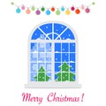 Happy New Year 2019 and Christmas vector illustration. Christmas window with a view of the winter landscape decorated with Royalty Free Stock Photo