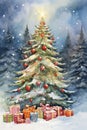 Happy New Year and Christmas watercolor card with a Christmas tree and gifts, snow flakes, cute kawaii retro style Royalty Free Stock Photo