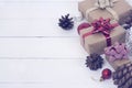 Happy new Year 2020 christmastime. Gift boxes and christmas tree toys on background. Winter light rustic photo Royalty Free Stock Photo