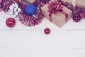 Happy new Year 2020 christmastime. Gift boxes and christmas tree toys on background. Winter light rustic photo Royalty Free Stock Photo