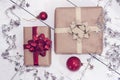 Happy new Year 2020 christmastime. Gift boxes and christmas tree toys on background. Winter light rustic photo Royalty Free Stock Photo