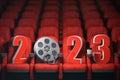 Happy new 2023 year in cinema red seats. 2023 cinema and movie season concept