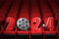 Happy new 2024 year in cinema red seats. 2024 cinema and movie season concept