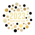 Happy New Year 2023 circle concept. Gold and black snowflakes on white background. Golden Christmas greeting card design