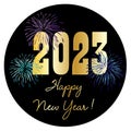 2023 happy new year circle graphic with fireworks