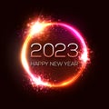 Happy New Year 2023 circle neon sign on dark red