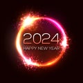 Happy New Year 2024 circle neon sign on dark red Royalty Free Stock Photo