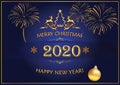 Happy New Year 2020 - classic greeting card with golden text and decorations on a blue background Royalty Free Stock Photo