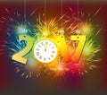 Happy New Year 2017 clock and Fireworks colorful Royalty Free Stock Photo