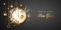 Happy New Year clock. Golden shiny watch with countdown midnight, shining gold and balls. Merry Christmas holiday Royalty Free Stock Photo