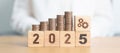 Happy New Year 2025 with Coins stack and gear icon. business Process, Team, teamwork, Strategy, goal, Money, Budget, investment,