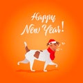 Funny dog sings song. Happy New Year collection. Happy holidays template. Cartoon animals. Xmas 2018 card.