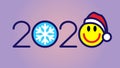 Happy new year 2020 color design template. Snowflake, cheerful smiley in Christmas red hat