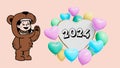 Happy new year 2024 with colorful hearts and boy wearing costume.