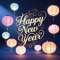 Happy New Year with colorful illuminated lanterns on dark blue background celebration light Royalty Free Stock Photo