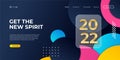 Happy new year 2022 colorful landing page web template background with dark blue and circle Memphis abstract shapes. Vector