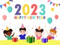 Happy new year 2023, Colorful Merry Christmas kids background, happy children with party HNY, banner Template for advertising