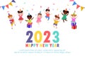 Happy new year 2023, Colorful Merry Christmas kids background, happy children with party HNY, banner Template for advertising