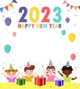 Happy new year 2023, Colorful Merry Christmas kids background, happy children with party HNY, banner Template for advertising Royalty Free Stock Photo