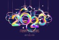 Happy New Year 2023 .Colorful number with iridescent Christmas decoration