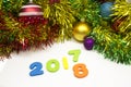 2018 happy new year colourful tinsel decoration background Royalty Free Stock Photo