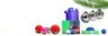 Happy new year composition with color toys decoration and magic box Royalty Free Stock Photo