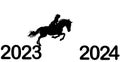 Happy New Year concept with Jockey riding horse jumping from 2023 to 2024