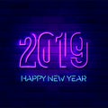 2019 Happy New Year concept with colorful neon lights. Design elements for presentations, flyers, cards, leaflets, posters or post