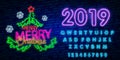 2019 Happy New Year concept with colorful neon lights. Design elements for presentations, flyers, cards, leaflets, posters or post