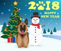 Happy New 2018 Year concept. Dog is symbol Chinese zodiac of new 2018 year and Snowman. Christmas tree with gifts. Vector illustra Royalty Free Stock Photo