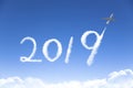 new year 2019 concept.drawing by airplane in sky Royalty Free Stock Photo