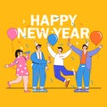 Happy New Year 2022 concept with group of people celebrating in flat design. Party with champagne glasses, balloons, party hats. Royalty Free Stock Photo