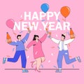 Happy New Year 2022 concept with group of people celebrating in flat design. Party with champagne glasses, balloons, party hats. Royalty Free Stock Photo