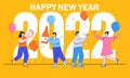 Happy New Year 2022 concept with group of people celebrating in flat design. Party with champagne glasses and balloons. Vector Royalty Free Stock Photo