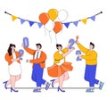 Happy New Year 2022 concept with group of people celebrating in flat design. Party with champagne glasses and balloons. Vector Royalty Free Stock Photo