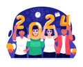 Happy New Year Illustration With a Group of Young People Each Holding a Number That Read 2024. Celebrating New Years